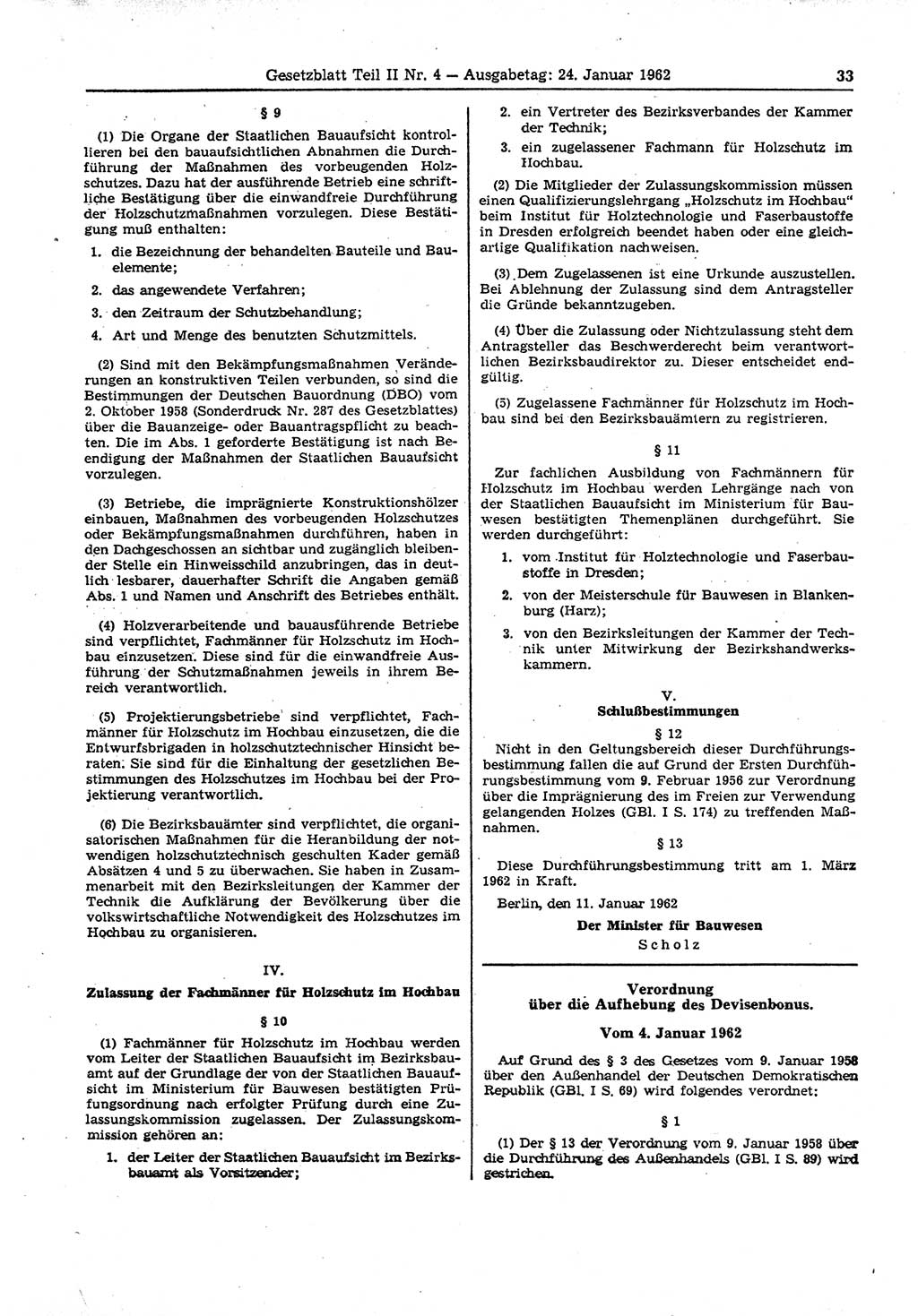 Gesetzblatt (GBl.) der Deutschen Demokratischen Republik (DDR) Teil ⅠⅠ 1962, Seite 33 (GBl. DDR ⅠⅠ 1962, S. 33)