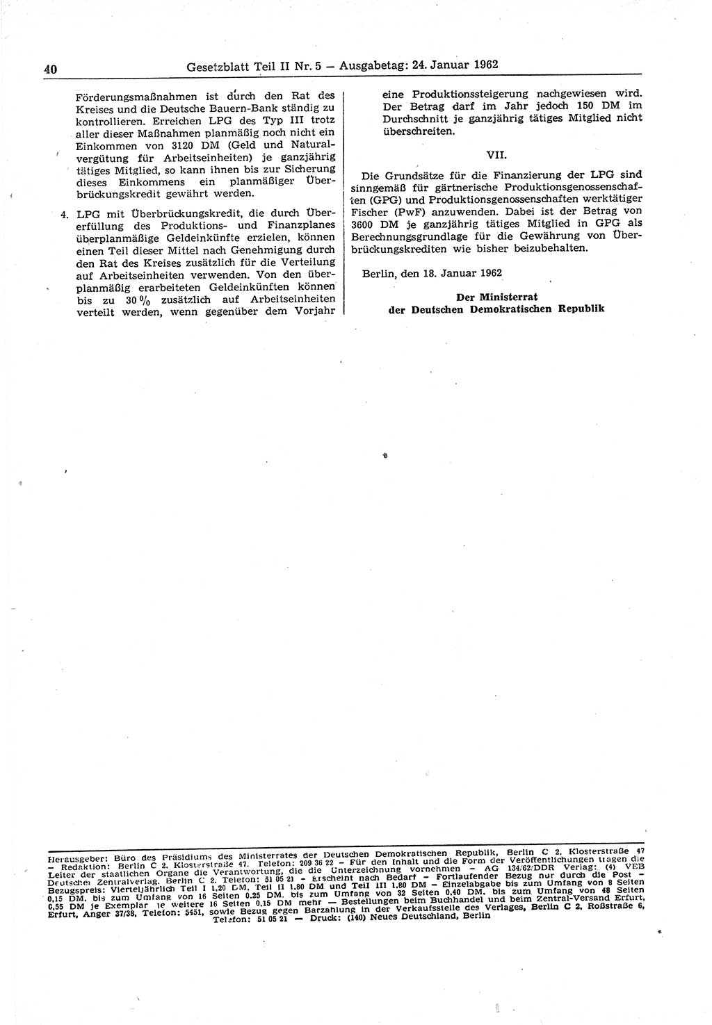 Gesetzblatt (GBl.) der Deutschen Demokratischen Republik (DDR) Teil ⅠⅠ 1962, Seite 40 (GBl. DDR ⅠⅠ 1962, S. 40)