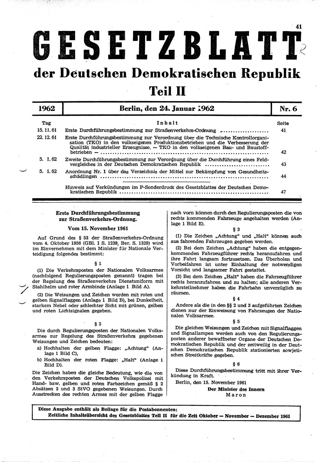 Gesetzblatt (GBl.) der Deutschen Demokratischen Republik (DDR) Teil ⅠⅠ 1962, Seite 41 (GBl. DDR ⅠⅠ 1962, S. 41)