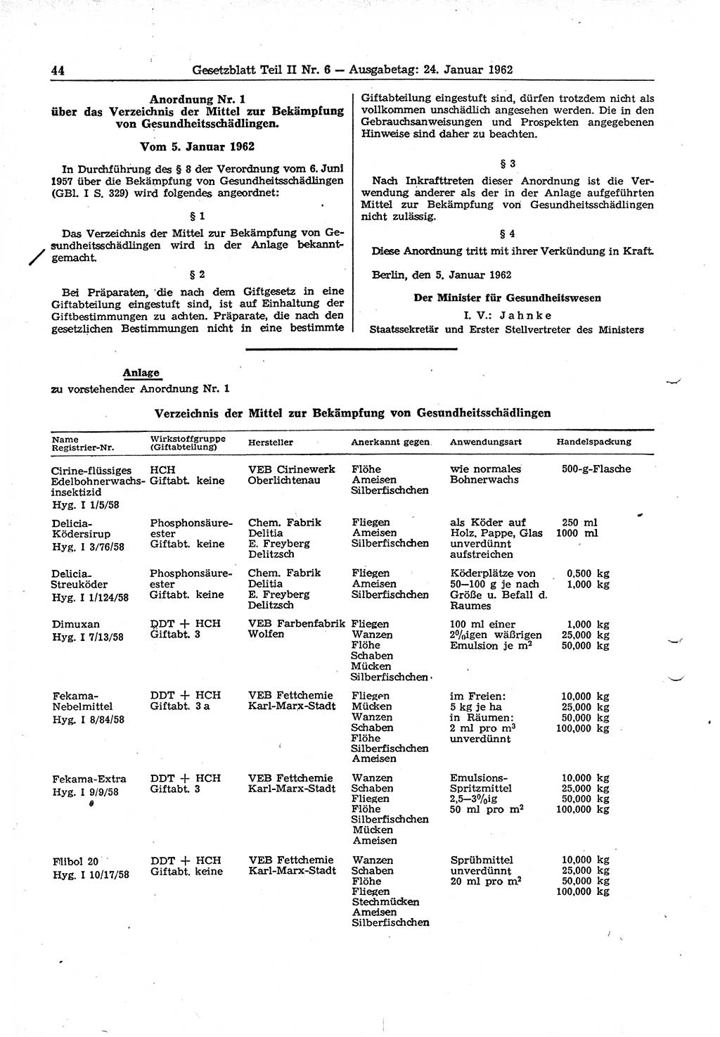 Gesetzblatt (GBl.) der Deutschen Demokratischen Republik (DDR) Teil ⅠⅠ 1962, Seite 44 (GBl. DDR ⅠⅠ 1962, S. 44)