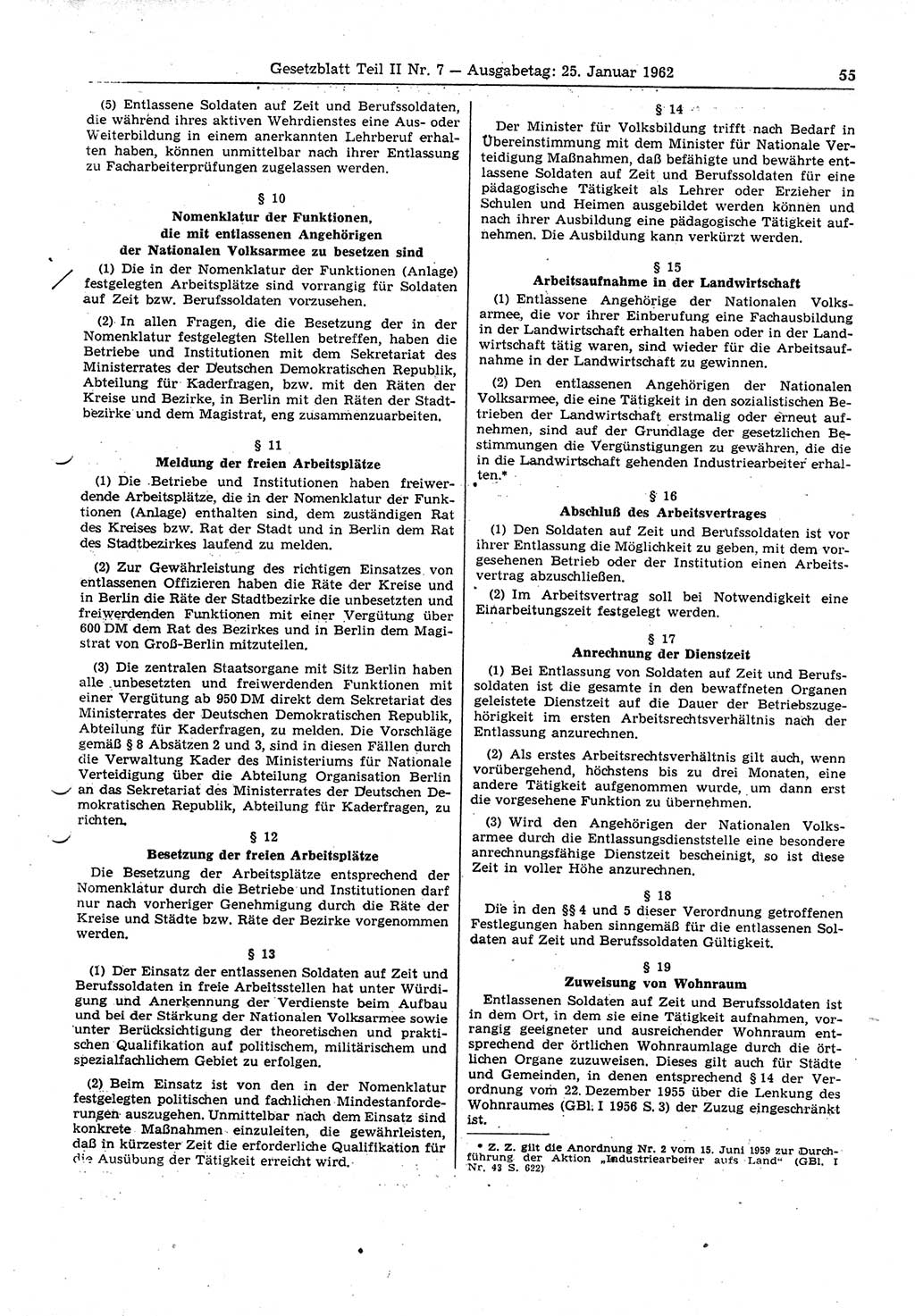 Gesetzblatt (GBl.) der Deutschen Demokratischen Republik (DDR) Teil ⅠⅠ 1962, Seite 55 (GBl. DDR ⅠⅠ 1962, S. 55)