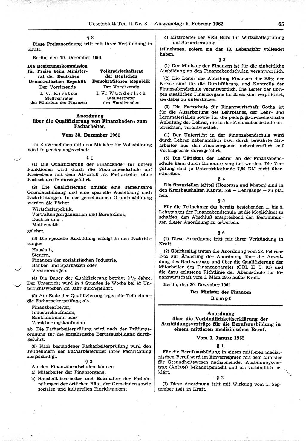 Gesetzblatt (GBl.) der Deutschen Demokratischen Republik (DDR) Teil ⅠⅠ 1962, Seite 65 (GBl. DDR ⅠⅠ 1962, S. 65)