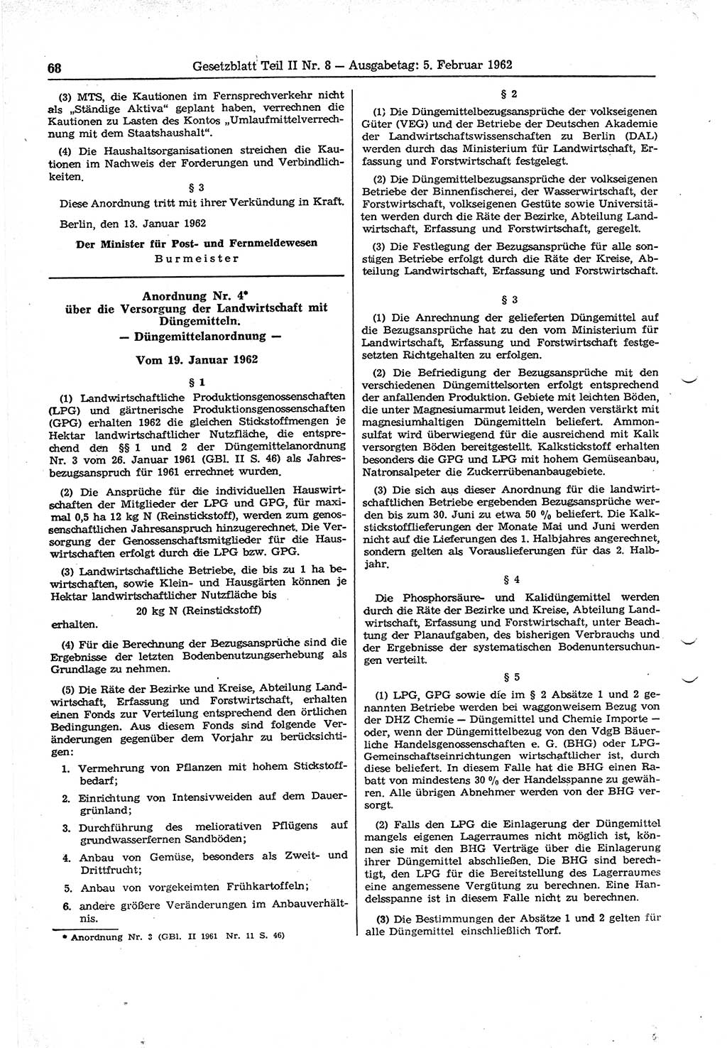 Gesetzblatt (GBl.) der Deutschen Demokratischen Republik (DDR) Teil ⅠⅠ 1962, Seite 68 (GBl. DDR ⅠⅠ 1962, S. 68)