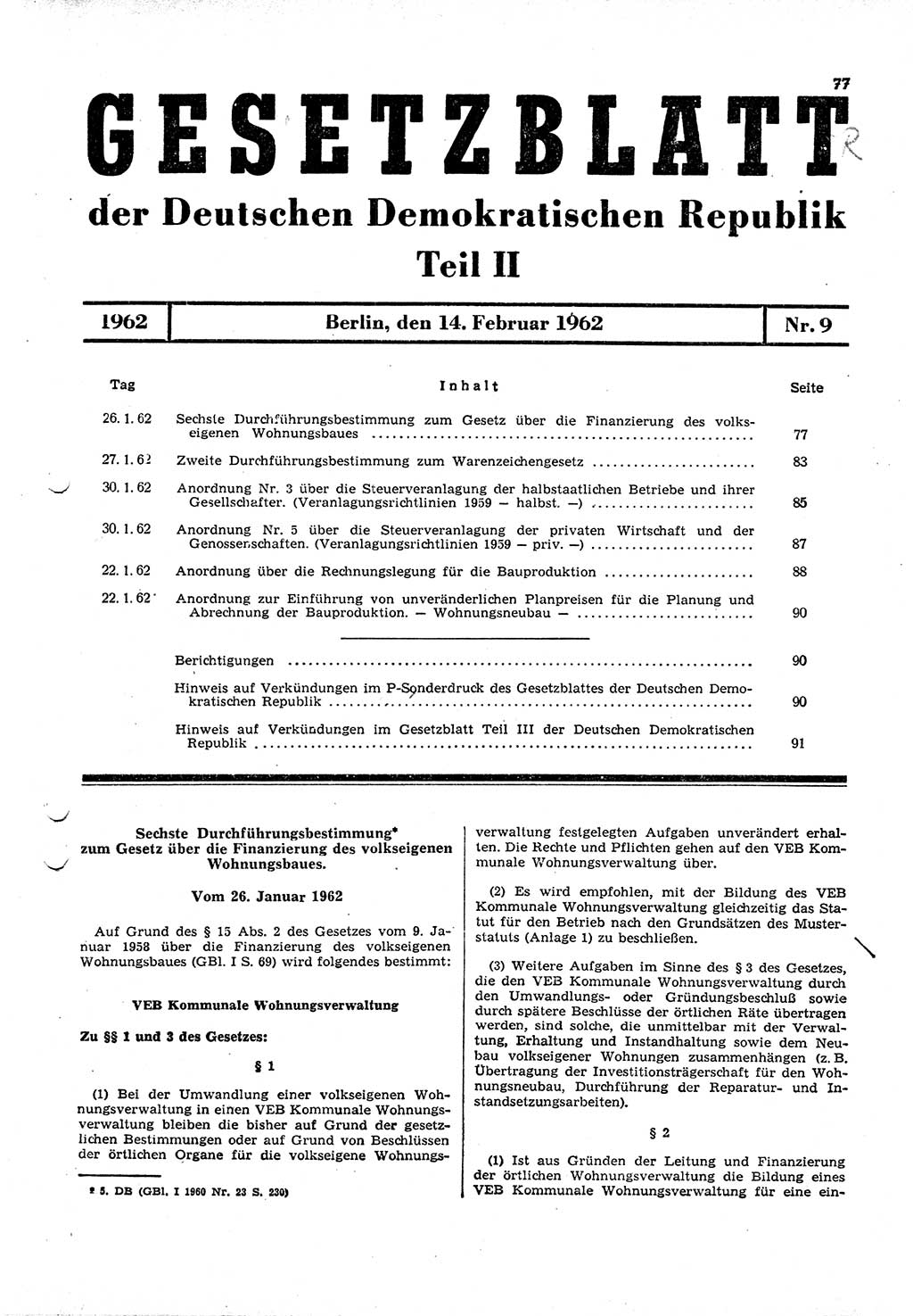 Gesetzblatt (GBl.) der Deutschen Demokratischen Republik (DDR) Teil ⅠⅠ 1962, Seite 77 (GBl. DDR ⅠⅠ 1962, S. 77)