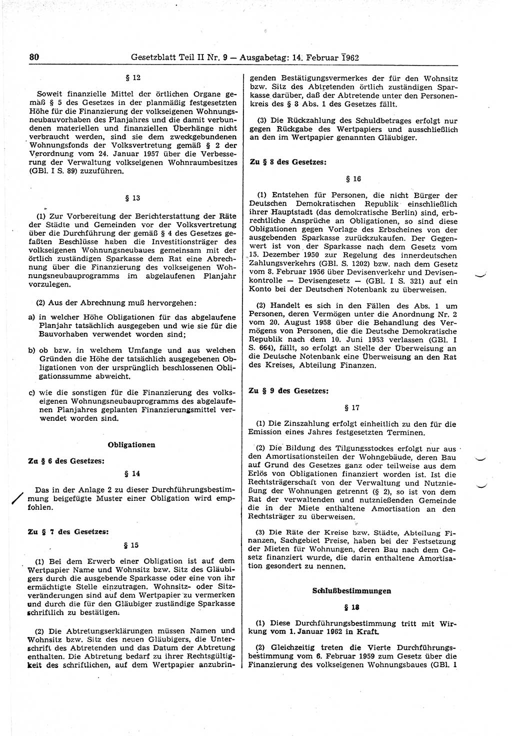 Gesetzblatt (GBl.) der Deutschen Demokratischen Republik (DDR) Teil ⅠⅠ 1962, Seite 80 (GBl. DDR ⅠⅠ 1962, S. 80)