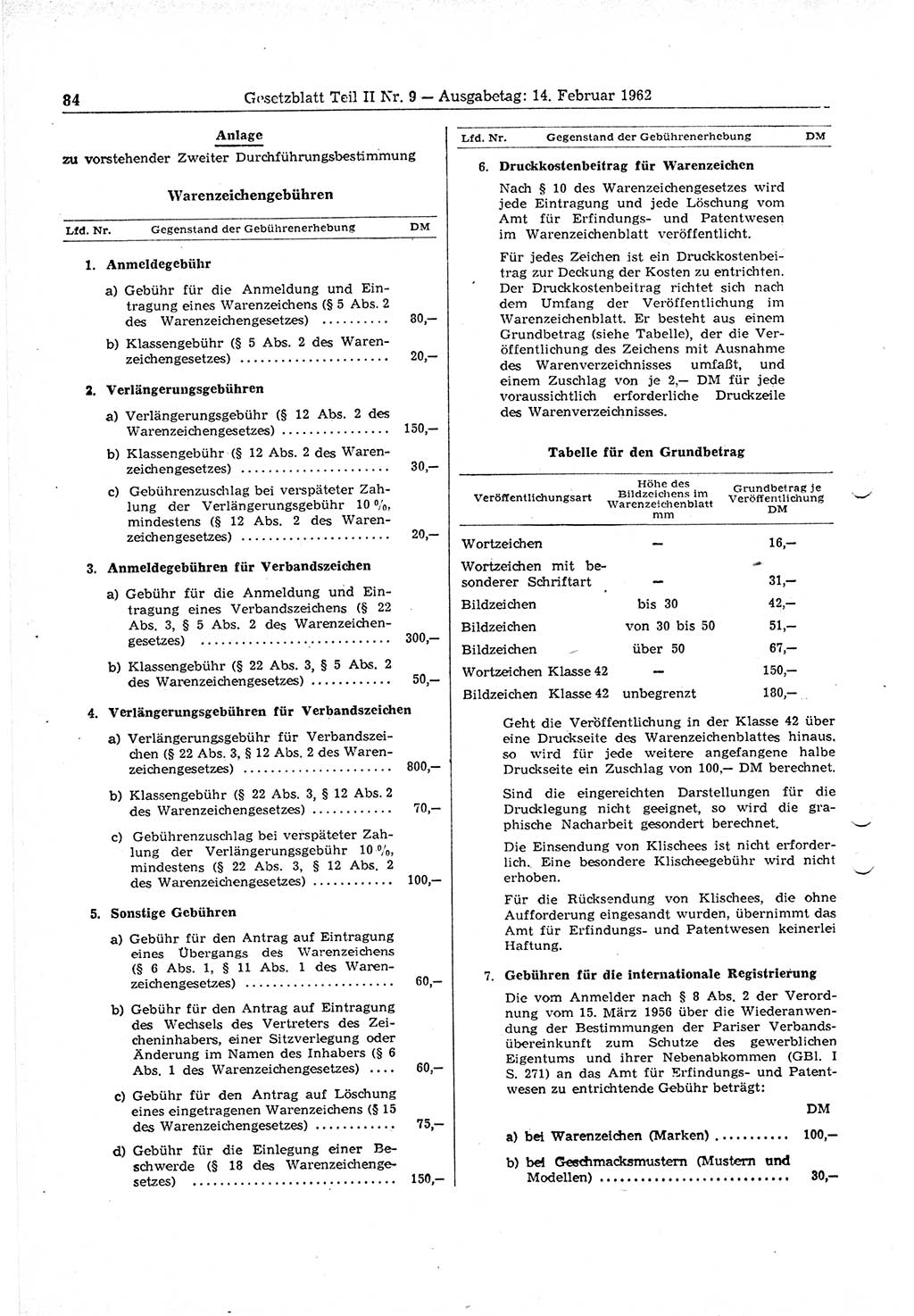 Gesetzblatt (GBl.) der Deutschen Demokratischen Republik (DDR) Teil ⅠⅠ 1962, Seite 84 (GBl. DDR ⅠⅠ 1962, S. 84)