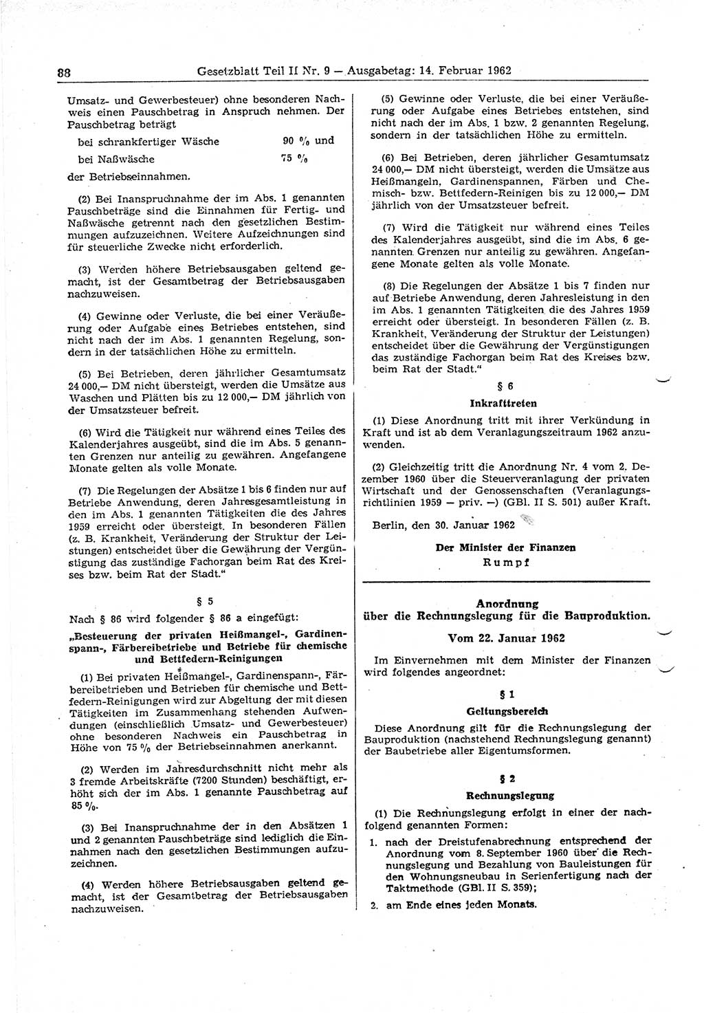 Gesetzblatt (GBl.) der Deutschen Demokratischen Republik (DDR) Teil ⅠⅠ 1962, Seite 88 (GBl. DDR ⅠⅠ 1962, S. 88)