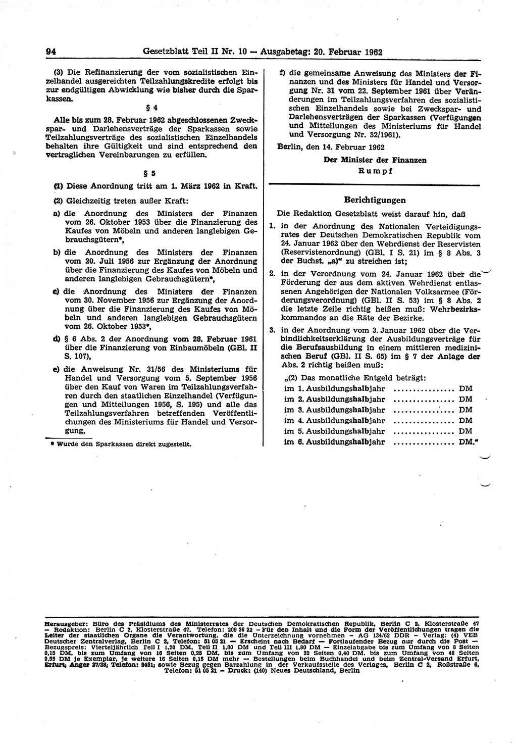 Gesetzblatt (GBl.) der Deutschen Demokratischen Republik (DDR) Teil ⅠⅠ 1962, Seite 94 (GBl. DDR ⅠⅠ 1962, S. 94)