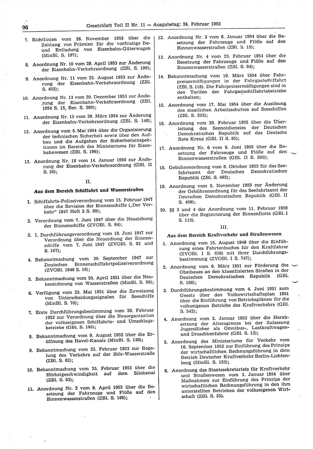 Gesetzblatt (GBl.) der Deutschen Demokratischen Republik (DDR) Teil ⅠⅠ 1962, Seite 96 (GBl. DDR ⅠⅠ 1962, S. 96)