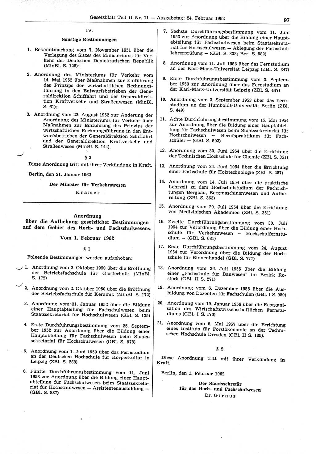 Gesetzblatt (GBl.) der Deutschen Demokratischen Republik (DDR) Teil ⅠⅠ 1962, Seite 97 (GBl. DDR ⅠⅠ 1962, S. 97)