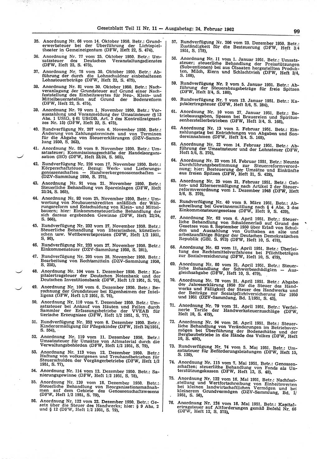 Gesetzblatt (GBl.) der Deutschen Demokratischen Republik (DDR) Teil ⅠⅠ 1962, Seite 99 (GBl. DDR ⅠⅠ 1962, S. 99)