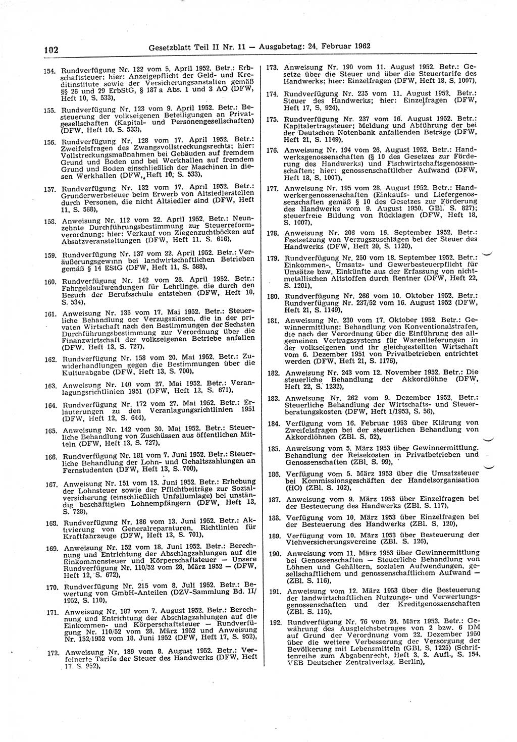 Gesetzblatt (GBl.) der Deutschen Demokratischen Republik (DDR) Teil ⅠⅠ 1962, Seite 102 (GBl. DDR ⅠⅠ 1962, S. 102)