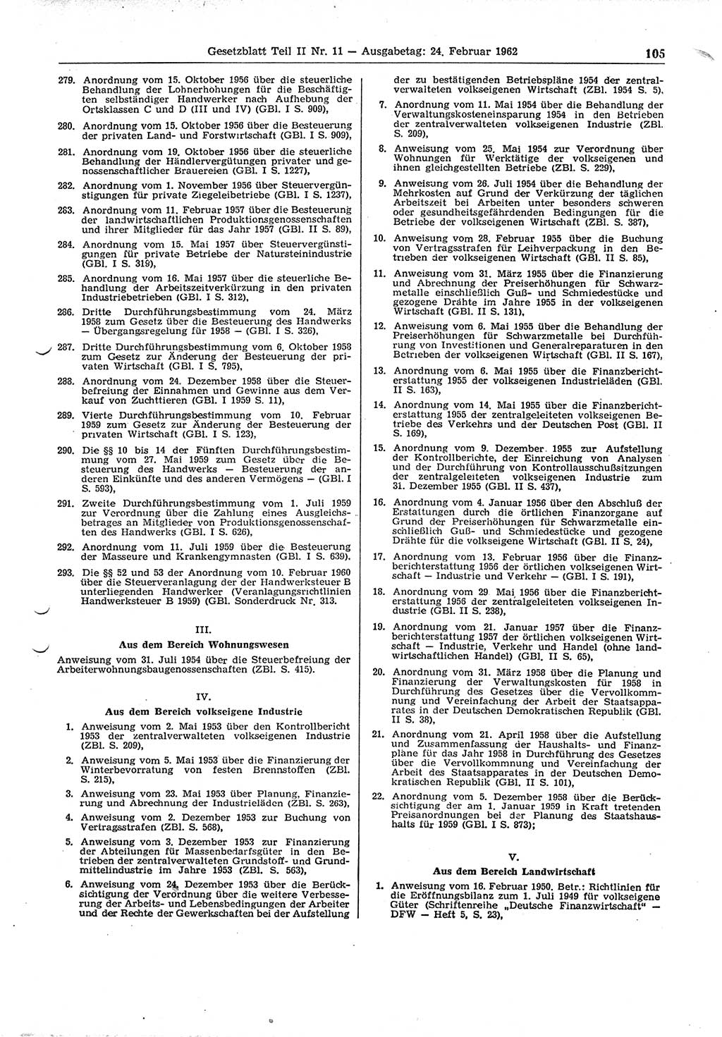 Gesetzblatt (GBl.) der Deutschen Demokratischen Republik (DDR) Teil ⅠⅠ 1962, Seite 105 (GBl. DDR ⅠⅠ 1962, S. 105)