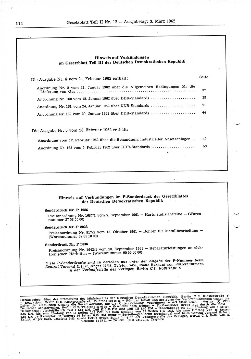 Gesetzblatt (GBl.) der Deutschen Demokratischen Republik (DDR) Teil ⅠⅠ 1962, Seite 114 (GBl. DDR ⅠⅠ 1962, S. 114)
