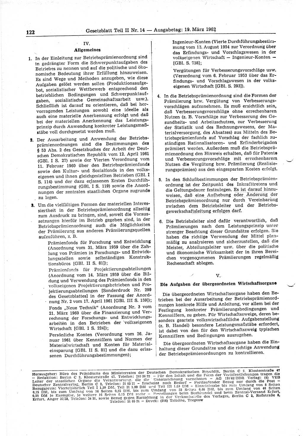 Gesetzblatt (GBl.) der Deutschen Demokratischen Republik (DDR) Teil ⅠⅠ 1962, Seite 122 (GBl. DDR ⅠⅠ 1962, S. 122)