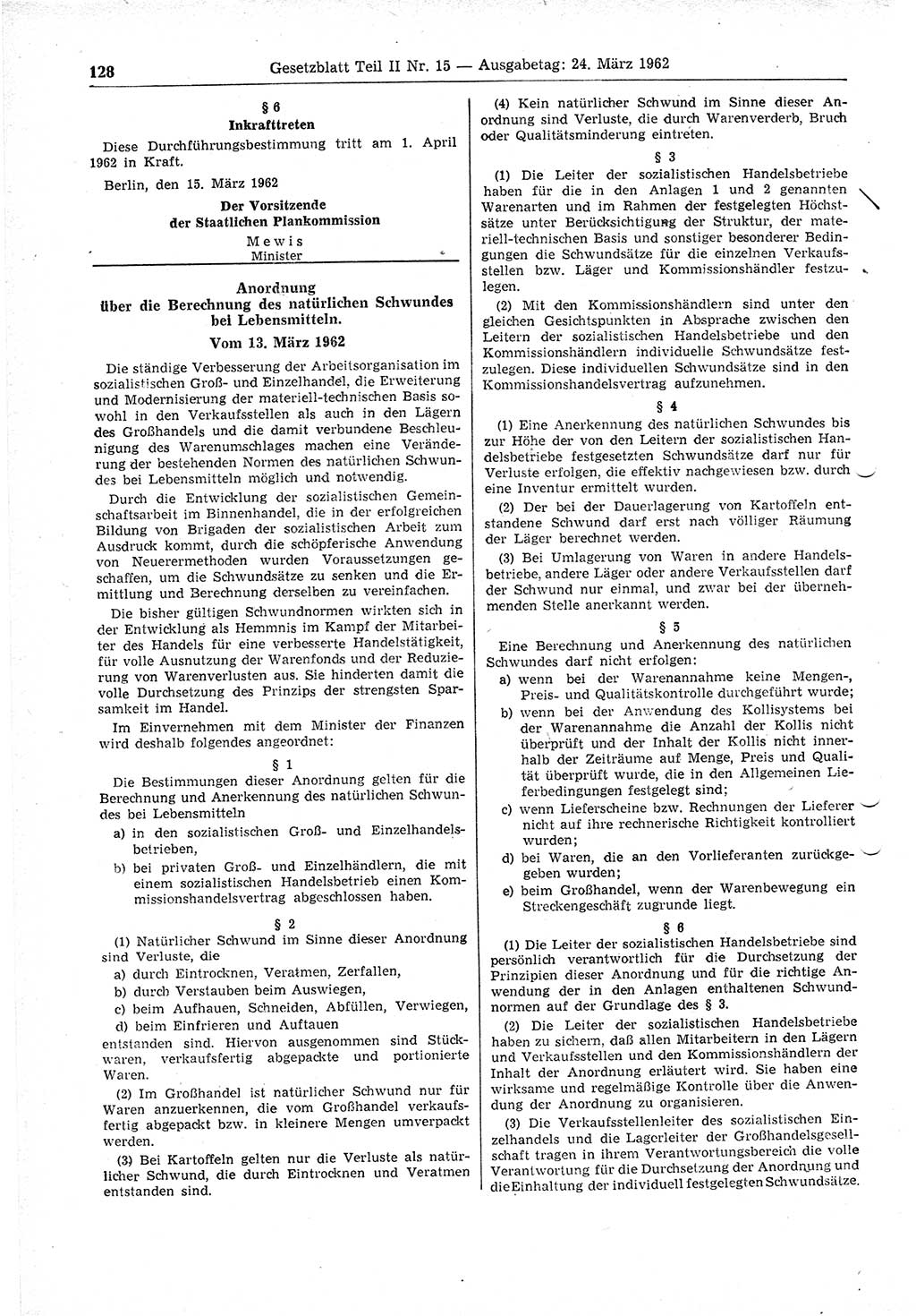 Gesetzblatt (GBl.) der Deutschen Demokratischen Republik (DDR) Teil ⅠⅠ 1962, Seite 128 (GBl. DDR ⅠⅠ 1962, S. 128)