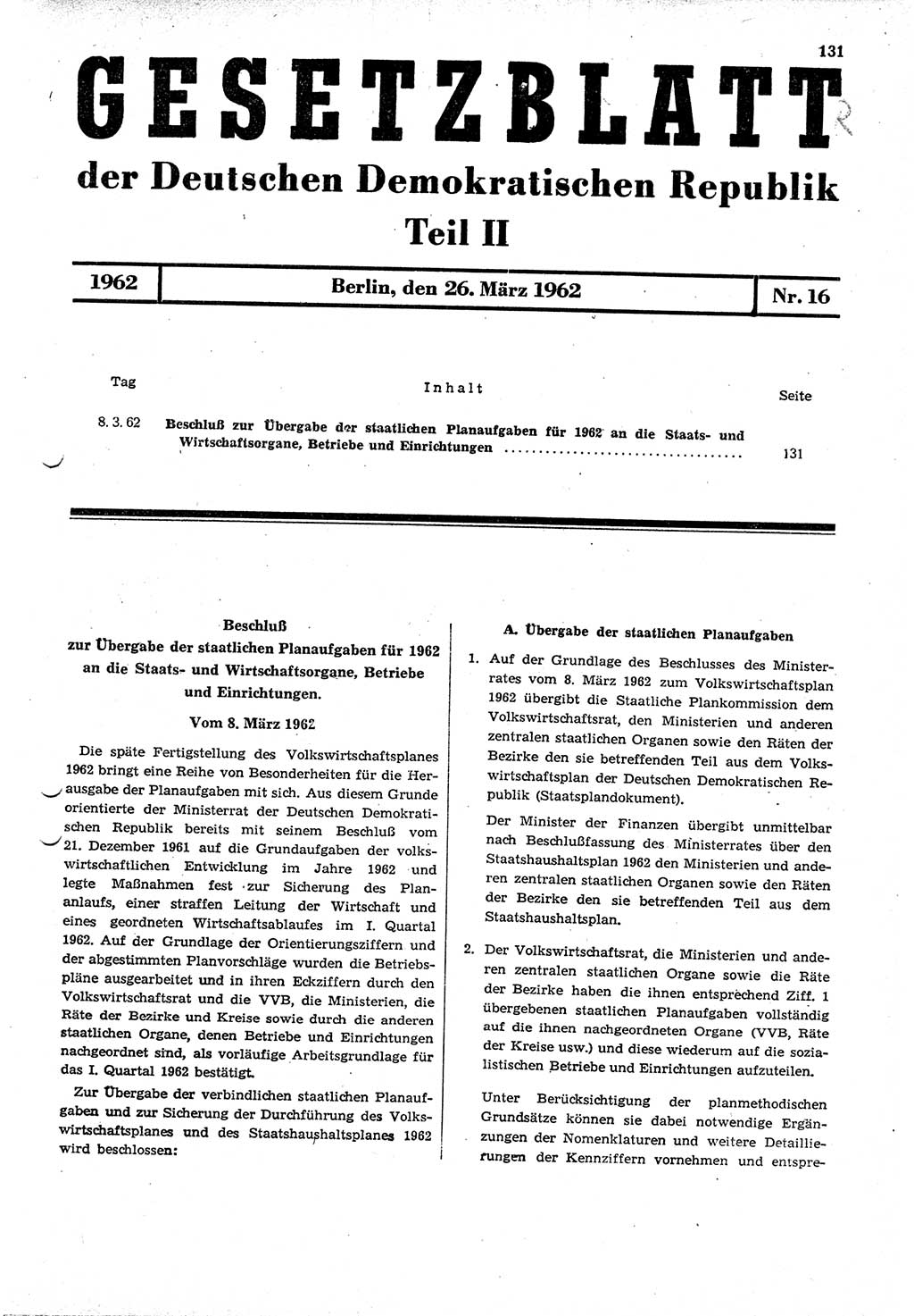 Gesetzblatt (GBl.) der Deutschen Demokratischen Republik (DDR) Teil ⅠⅠ 1962, Seite 131 (GBl. DDR ⅠⅠ 1962, S. 131)