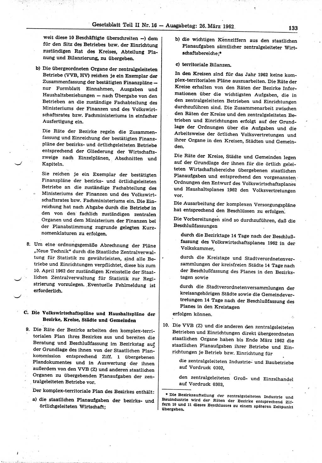 Gesetzblatt (GBl.) der Deutschen Demokratischen Republik (DDR) Teil ⅠⅠ 1962, Seite 133 (GBl. DDR ⅠⅠ 1962, S. 133)