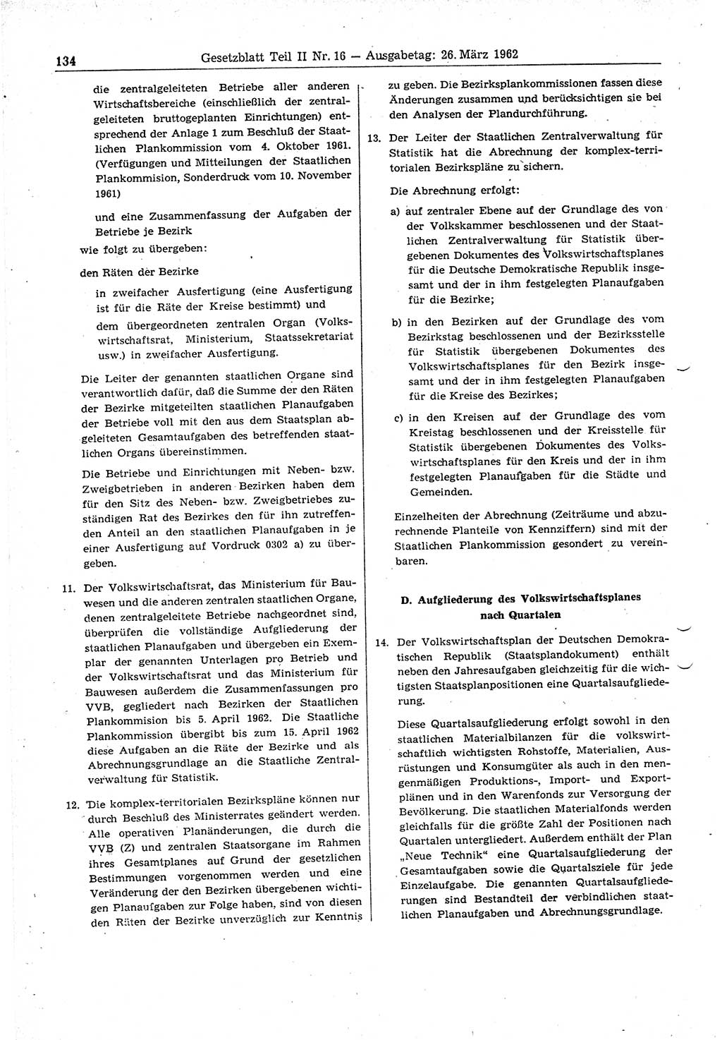 Gesetzblatt (GBl.) der Deutschen Demokratischen Republik (DDR) Teil ⅠⅠ 1962, Seite 134 (GBl. DDR ⅠⅠ 1962, S. 134)