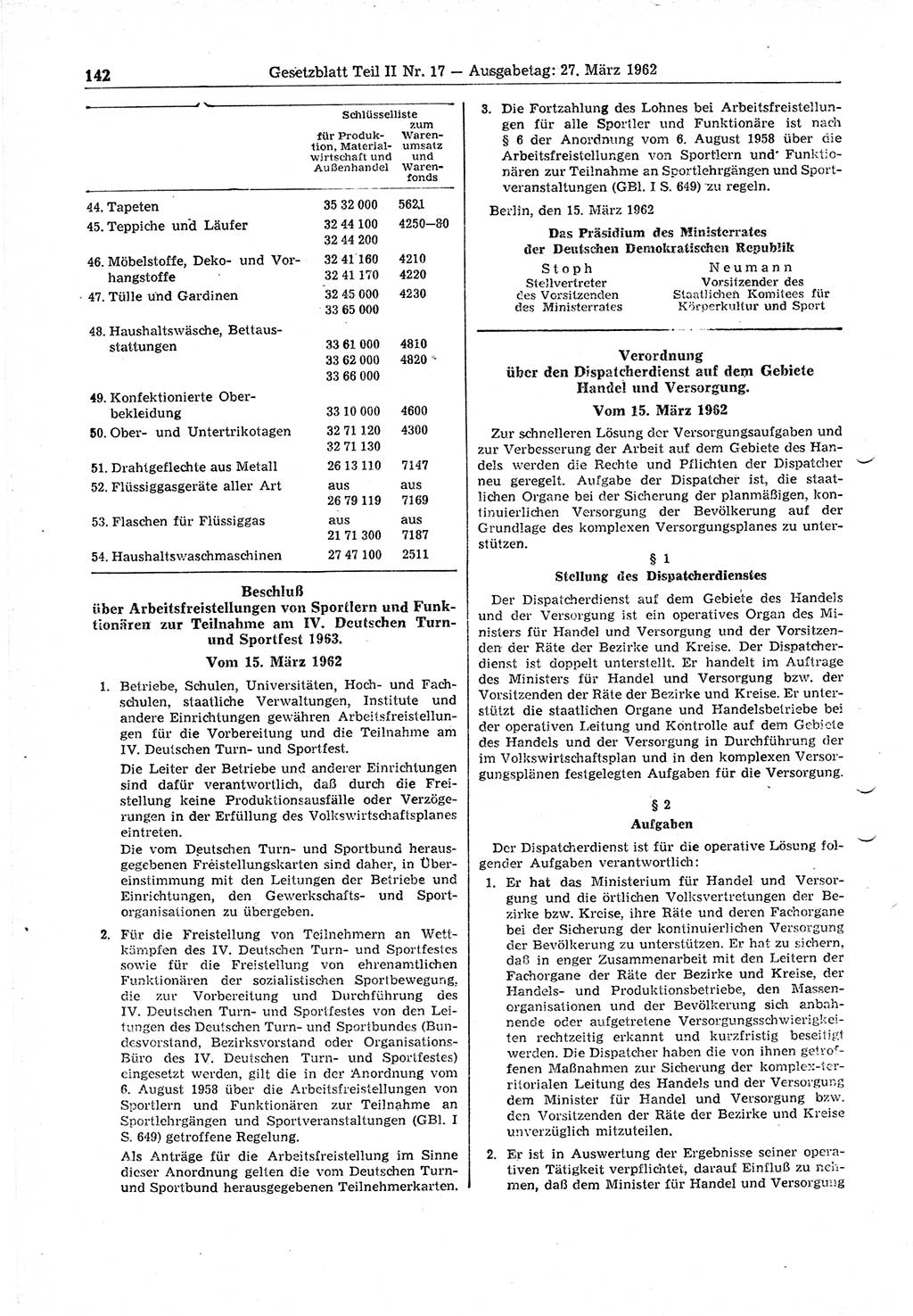 Gesetzblatt (GBl.) der Deutschen Demokratischen Republik (DDR) Teil ⅠⅠ 1962, Seite 142 (GBl. DDR ⅠⅠ 1962, S. 142)