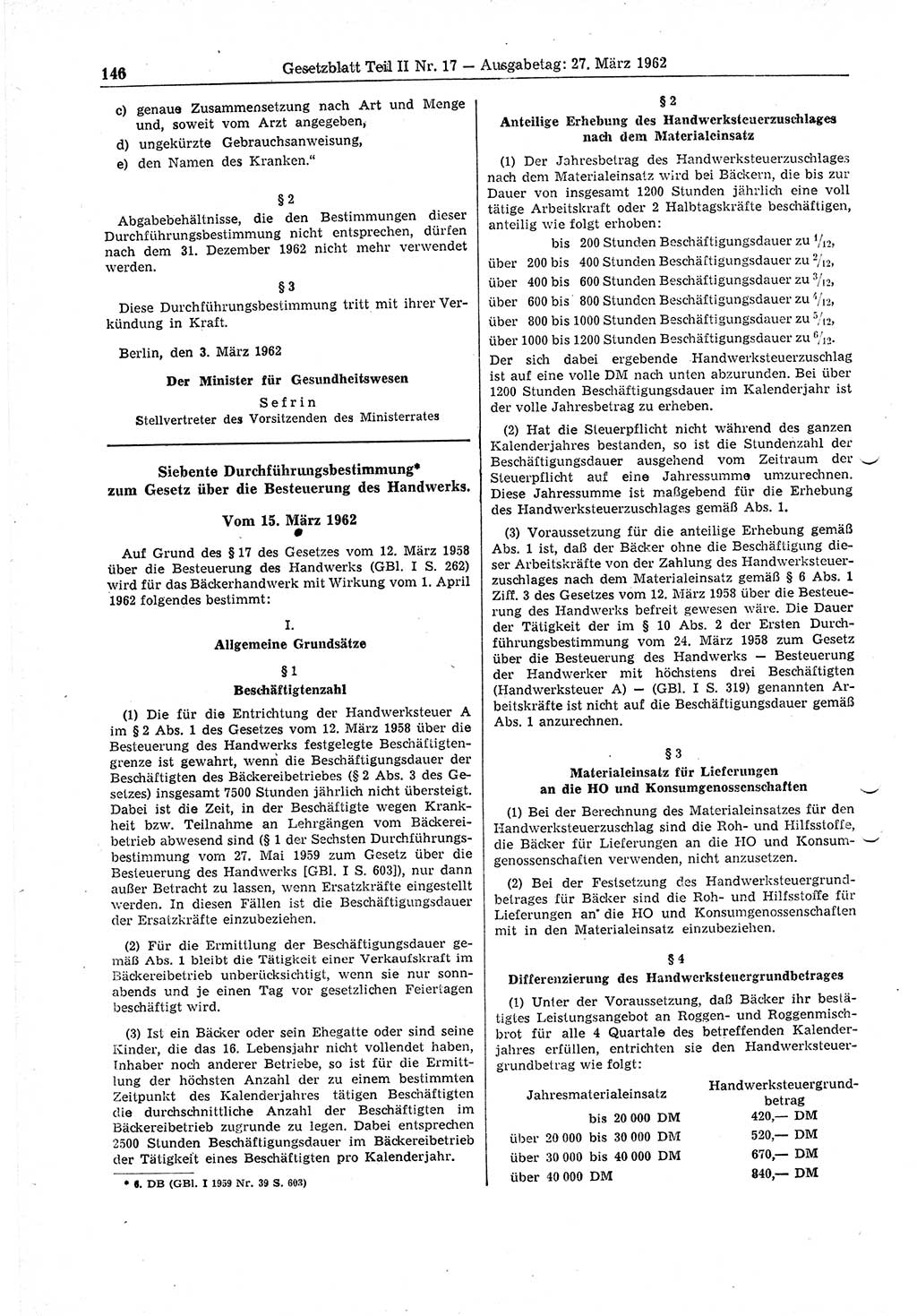 Gesetzblatt (GBl.) der Deutschen Demokratischen Republik (DDR) Teil ⅠⅠ 1962, Seite 146 (GBl. DDR ⅠⅠ 1962, S. 146)