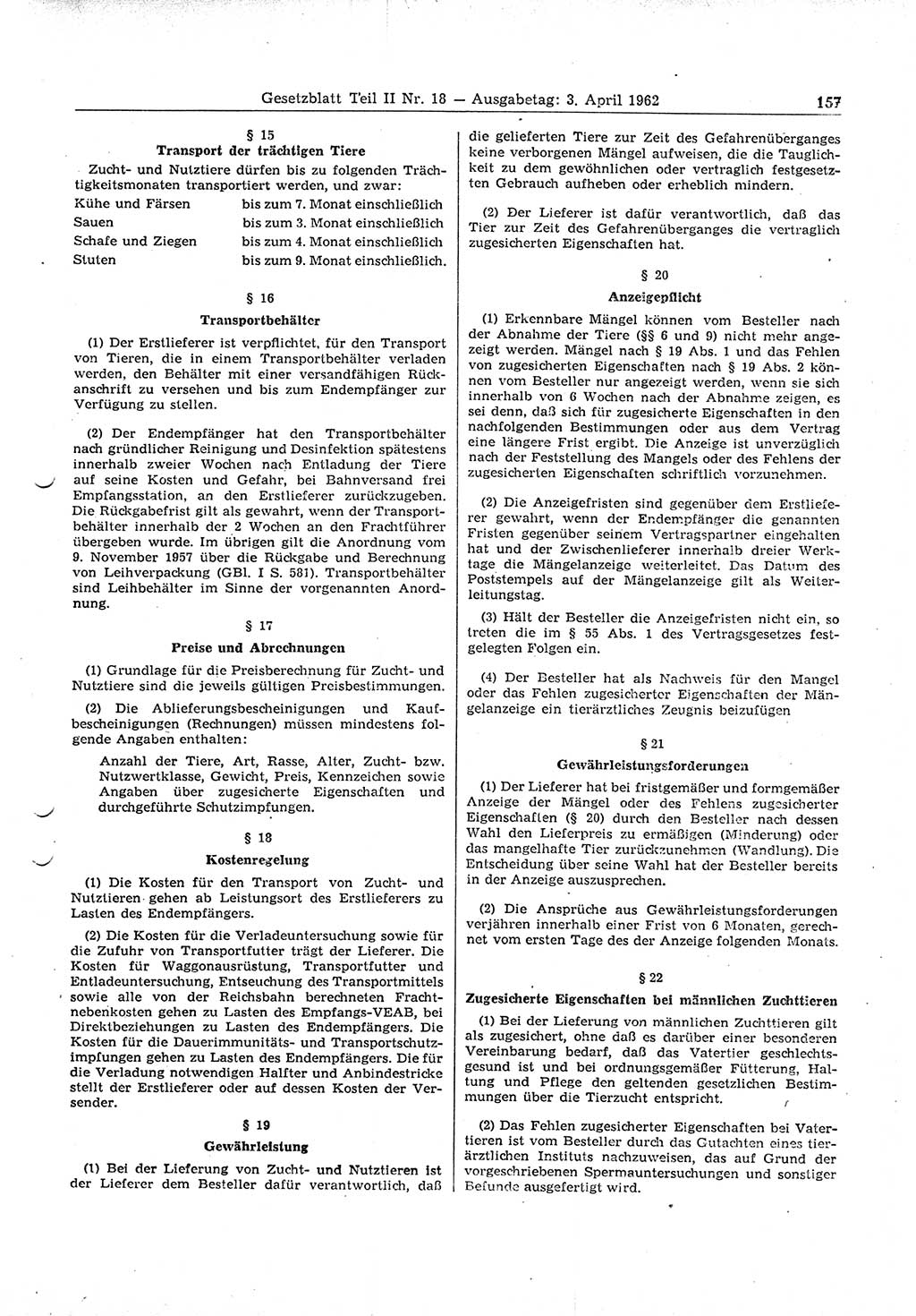 Gesetzblatt (GBl.) der Deutschen Demokratischen Republik (DDR) Teil ⅠⅠ 1962, Seite 157 (GBl. DDR ⅠⅠ 1962, S. 157)