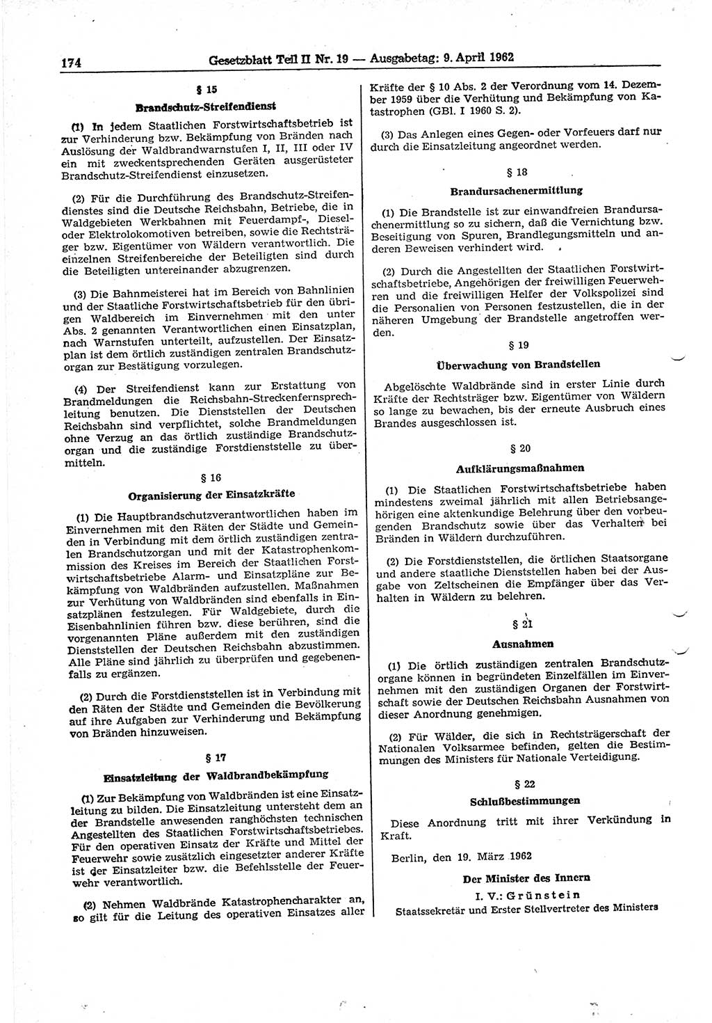 Gesetzblatt (GBl.) der Deutschen Demokratischen Republik (DDR) Teil ⅠⅠ 1962, Seite 174 (GBl. DDR ⅠⅠ 1962, S. 174)