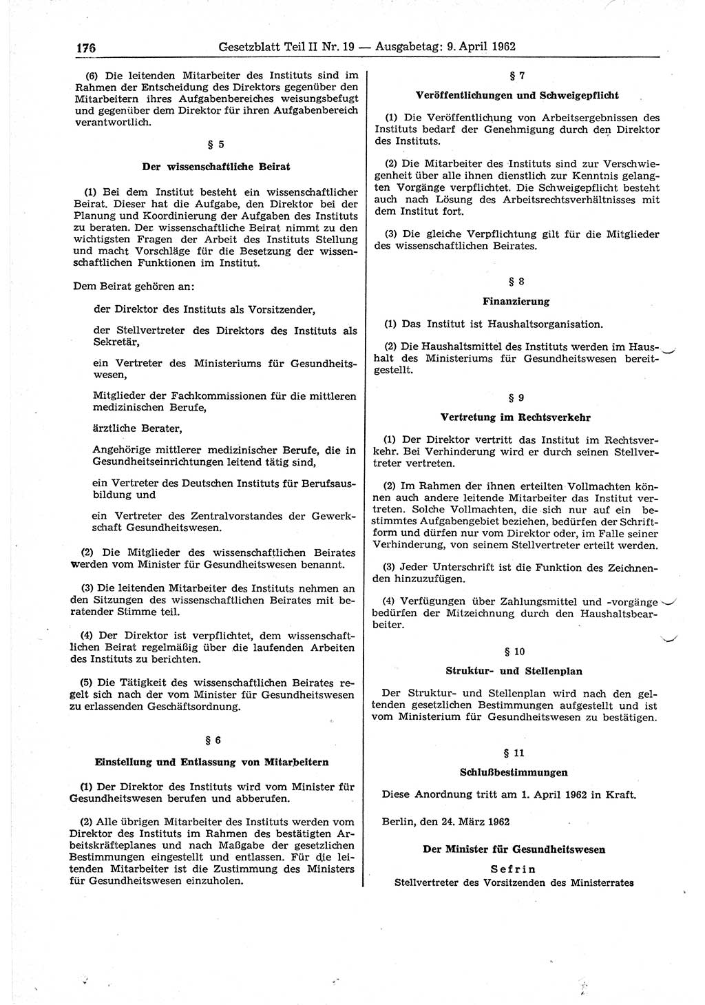 Gesetzblatt (GBl.) der Deutschen Demokratischen Republik (DDR) Teil ⅠⅠ 1962, Seite 176 (GBl. DDR ⅠⅠ 1962, S. 176)