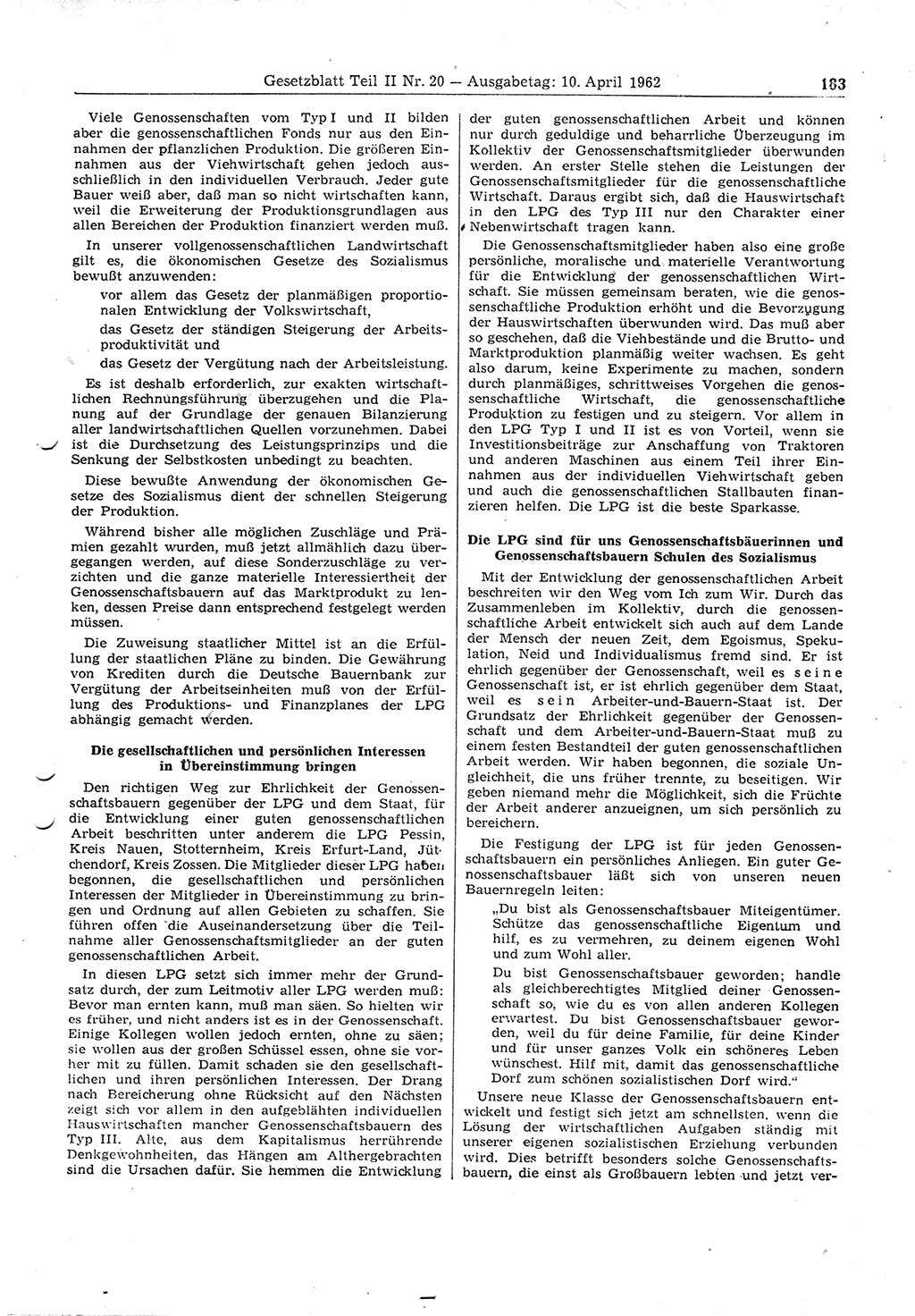 Gesetzblatt (GBl.) der Deutschen Demokratischen Republik (DDR) Teil ⅠⅠ 1962, Seite 183 (GBl. DDR ⅠⅠ 1962, S. 183)