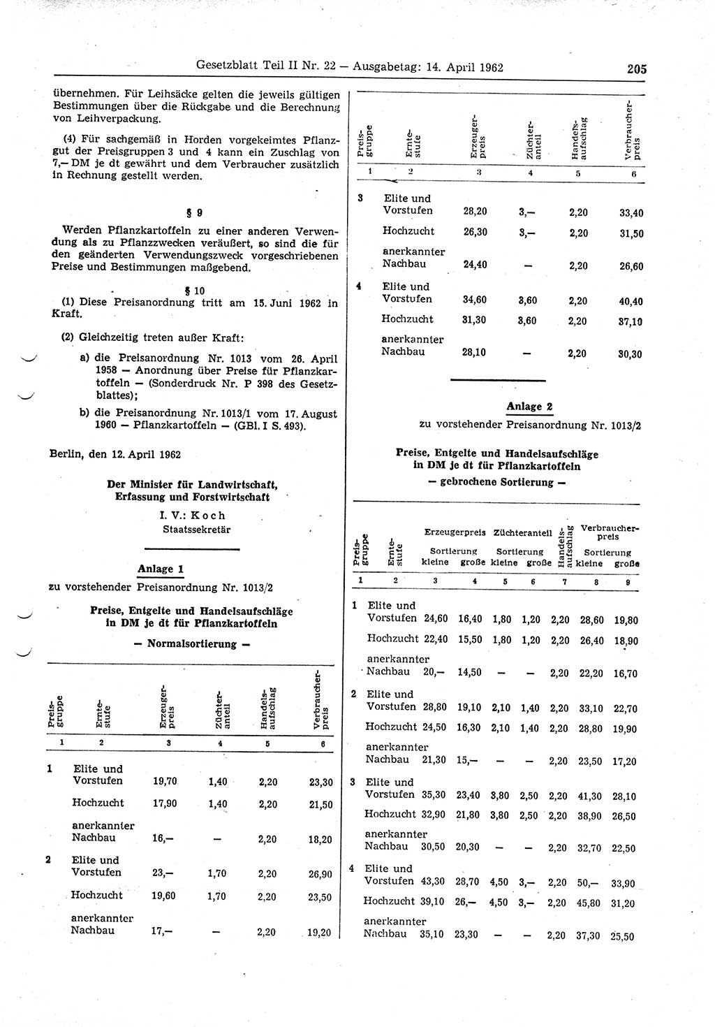 Gesetzblatt (GBl.) der Deutschen Demokratischen Republik (DDR) Teil ⅠⅠ 1962, Seite 205 (GBl. DDR ⅠⅠ 1962, S. 205)