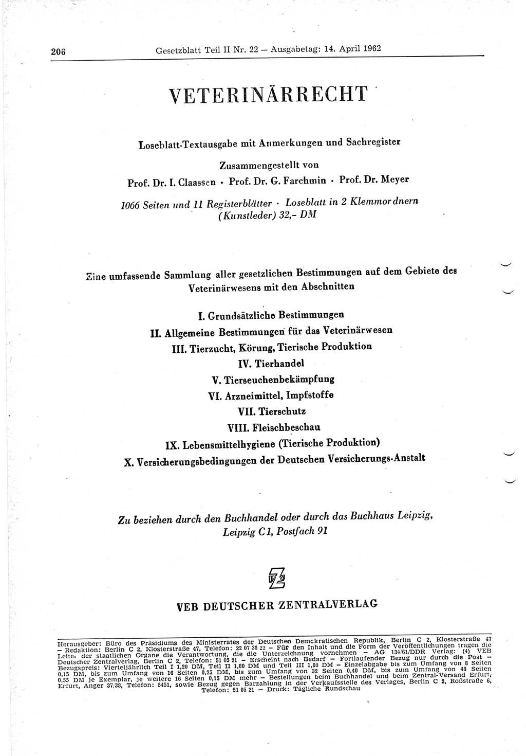 Gesetzblatt (GBl.) der Deutschen Demokratischen Republik (DDR) Teil ⅠⅠ 1962, Seite 206 (GBl. DDR ⅠⅠ 1962, S. 206)