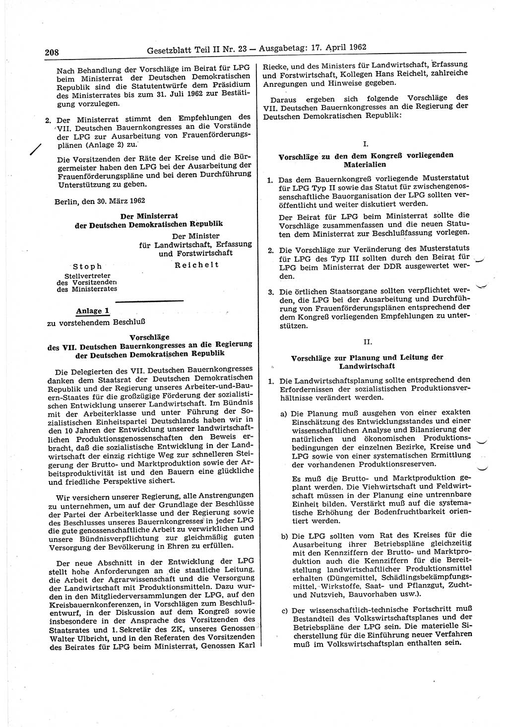 Gesetzblatt (GBl.) der Deutschen Demokratischen Republik (DDR) Teil ⅠⅠ 1962, Seite 208 (GBl. DDR ⅠⅠ 1962, S. 208)