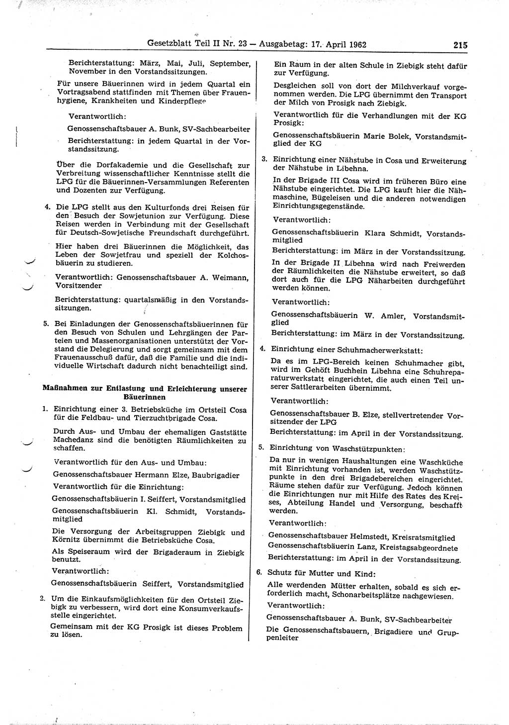 Gesetzblatt (GBl.) der Deutschen Demokratischen Republik (DDR) Teil ⅠⅠ 1962, Seite 215 (GBl. DDR ⅠⅠ 1962, S. 215)