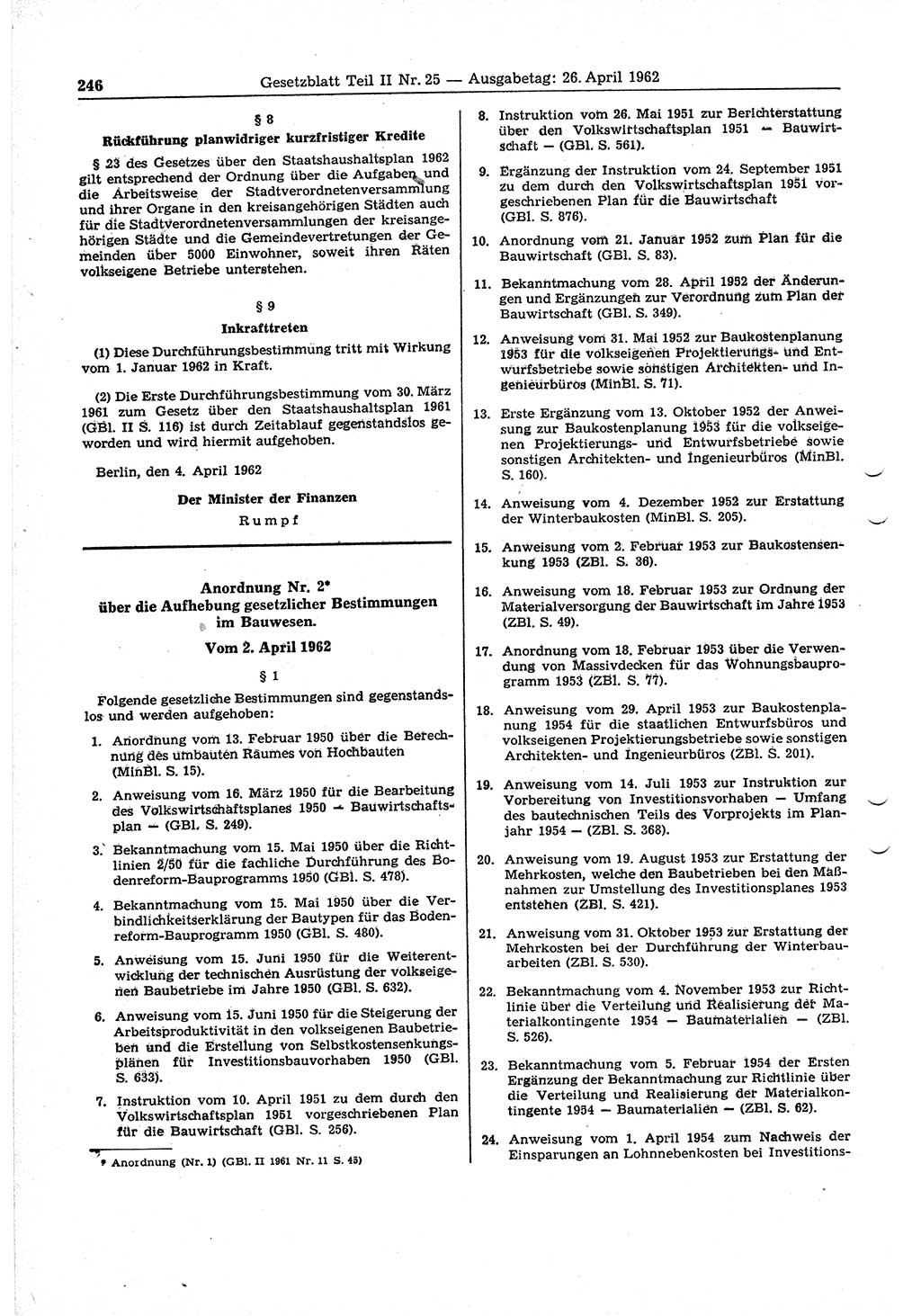 Gesetzblatt (GBl.) der Deutschen Demokratischen Republik (DDR) Teil ⅠⅠ 1962, Seite 246 (GBl. DDR ⅠⅠ 1962, S. 246)
