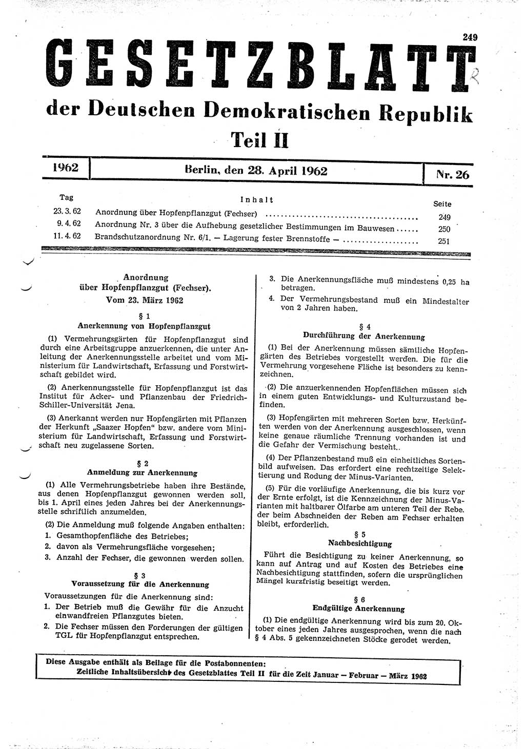 Gesetzblatt (GBl.) der Deutschen Demokratischen Republik (DDR) Teil ⅠⅠ 1962, Seite 249 (GBl. DDR ⅠⅠ 1962, S. 249)