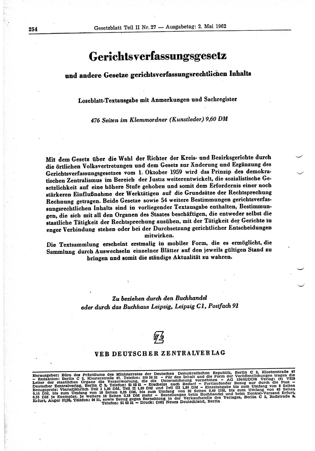 Gesetzblatt (GBl.) der Deutschen Demokratischen Republik (DDR) Teil ⅠⅠ 1962, Seite 254 (GBl. DDR ⅠⅠ 1962, S. 254)