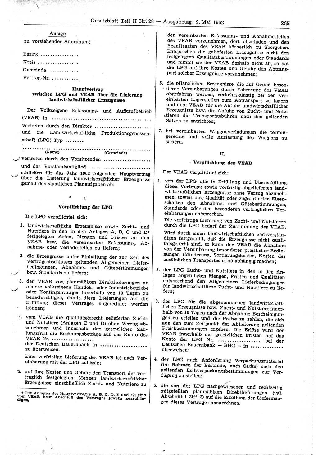 Gesetzblatt (GBl.) der Deutschen Demokratischen Republik (DDR) Teil ⅠⅠ 1962, Seite 265 (GBl. DDR ⅠⅠ 1962, S. 265)