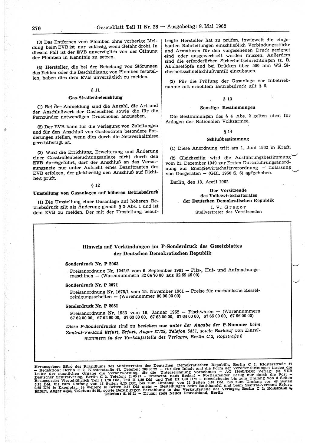 Gesetzblatt (GBl.) der Deutschen Demokratischen Republik (DDR) Teil ⅠⅠ 1962, Seite 270 (GBl. DDR ⅠⅠ 1962, S. 270)