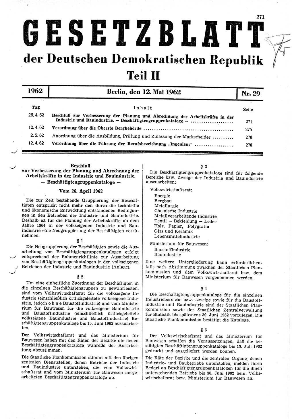 Gesetzblatt (GBl.) der Deutschen Demokratischen Republik (DDR) Teil ⅠⅠ 1962, Seite 271 (GBl. DDR ⅠⅠ 1962, S. 271)