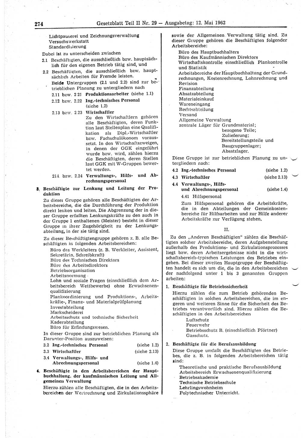 Gesetzblatt (GBl.) der Deutschen Demokratischen Republik (DDR) Teil ⅠⅠ 1962, Seite 274 (GBl. DDR ⅠⅠ 1962, S. 274)