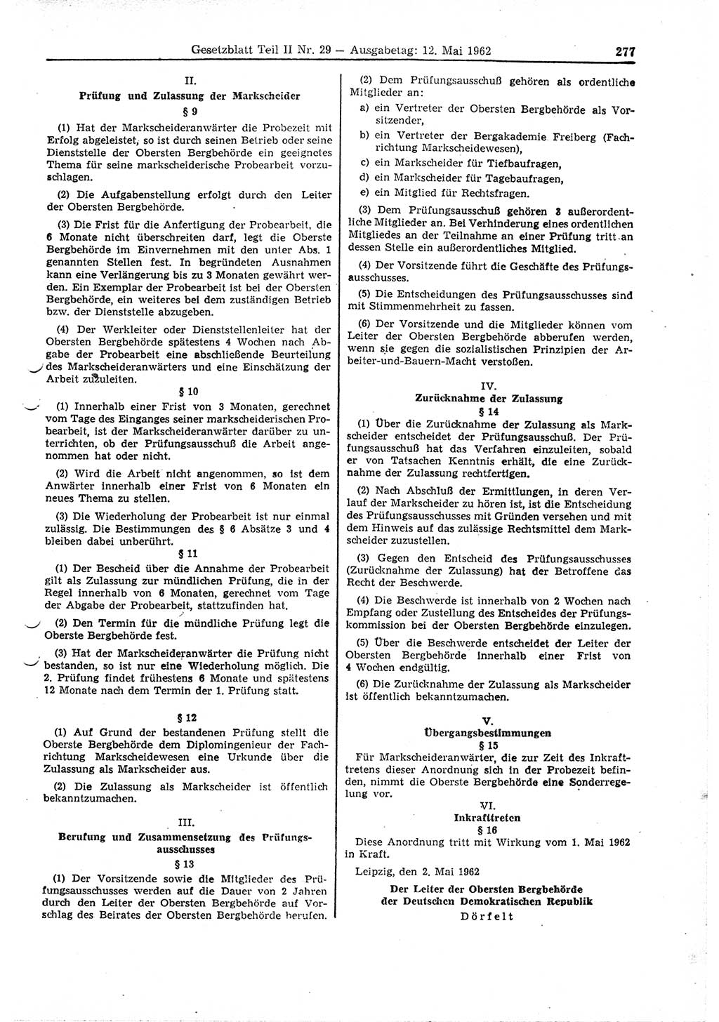 Gesetzblatt (GBl.) der Deutschen Demokratischen Republik (DDR) Teil ⅠⅠ 1962, Seite 277 (GBl. DDR ⅠⅠ 1962, S. 277)