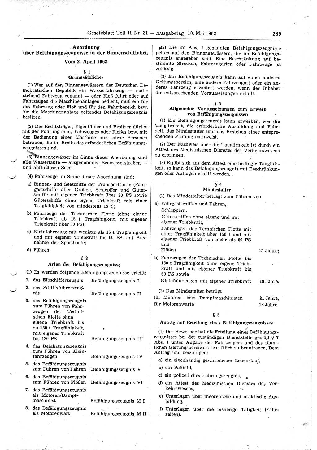 Gesetzblatt (GBl.) der Deutschen Demokratischen Republik (DDR) Teil ⅠⅠ 1962, Seite 289 (GBl. DDR ⅠⅠ 1962, S. 289)
