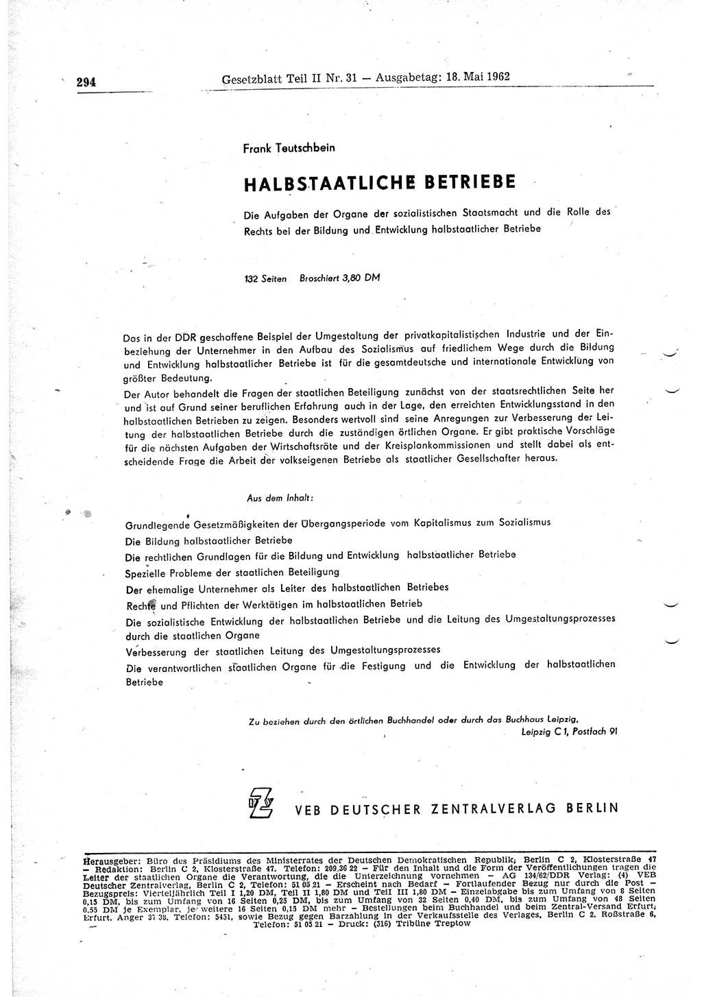 Gesetzblatt (GBl.) der Deutschen Demokratischen Republik (DDR) Teil ⅠⅠ 1962, Seite 294 (GBl. DDR ⅠⅠ 1962, S. 294)