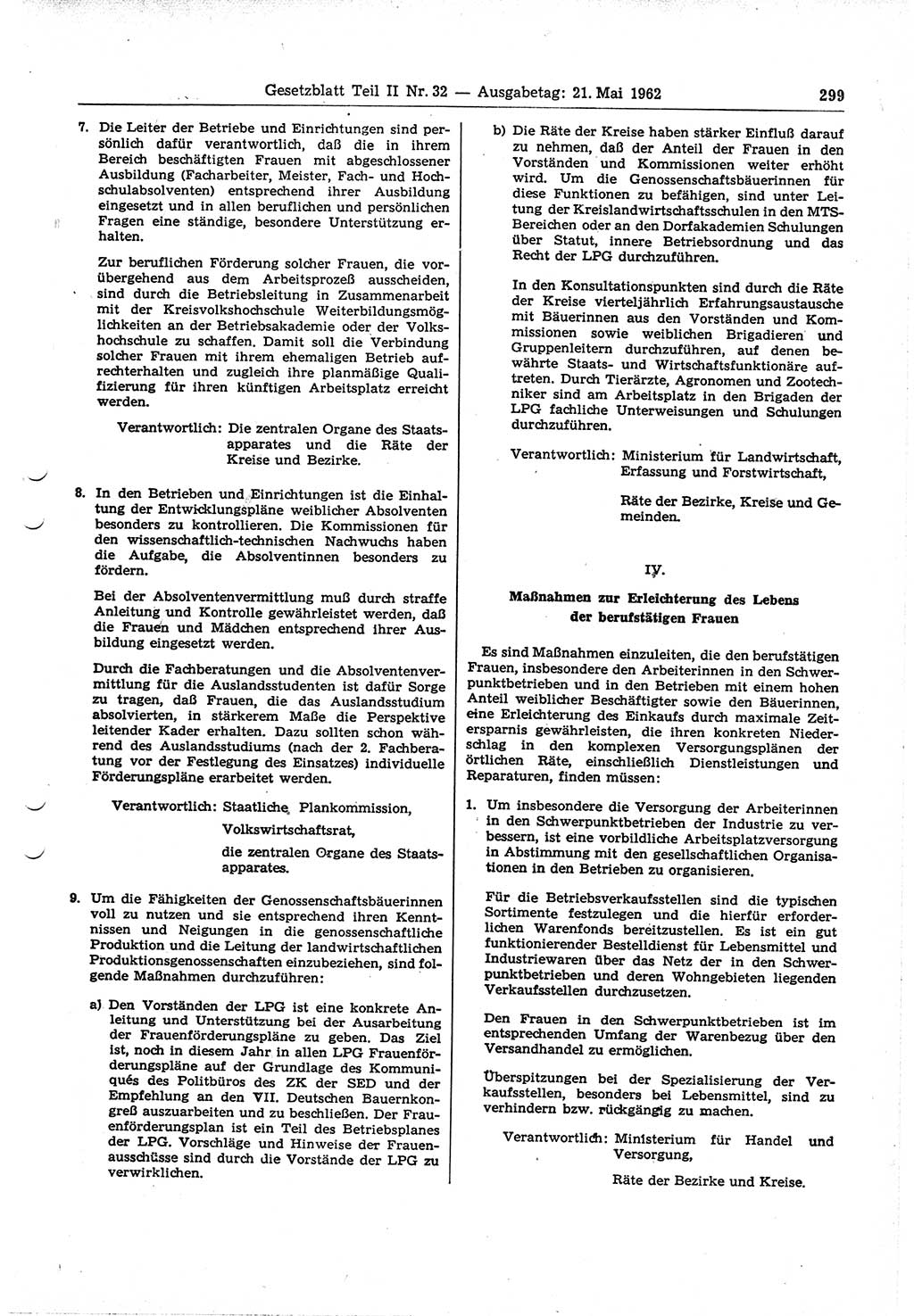 Gesetzblatt (GBl.) der Deutschen Demokratischen Republik (DDR) Teil ⅠⅠ 1962, Seite 299 (GBl. DDR ⅠⅠ 1962, S. 299)