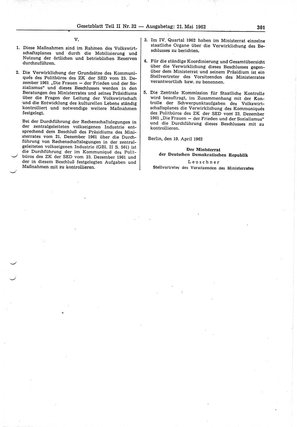 Gesetzblatt (GBl.) der Deutschen Demokratischen Republik (DDR) Teil ⅠⅠ 1962, Seite 301 (GBl. DDR ⅠⅠ 1962, S. 301)