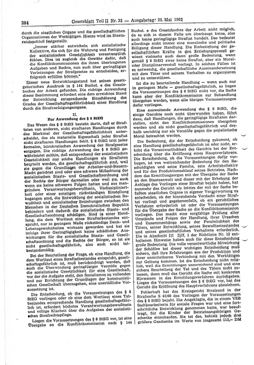 Gesetzblatt (GBl.) der Deutschen Demokratischen Republik (DDR) Teil ⅠⅠ 1962, Seite 304 (GBl. DDR ⅠⅠ 1962, S. 304)