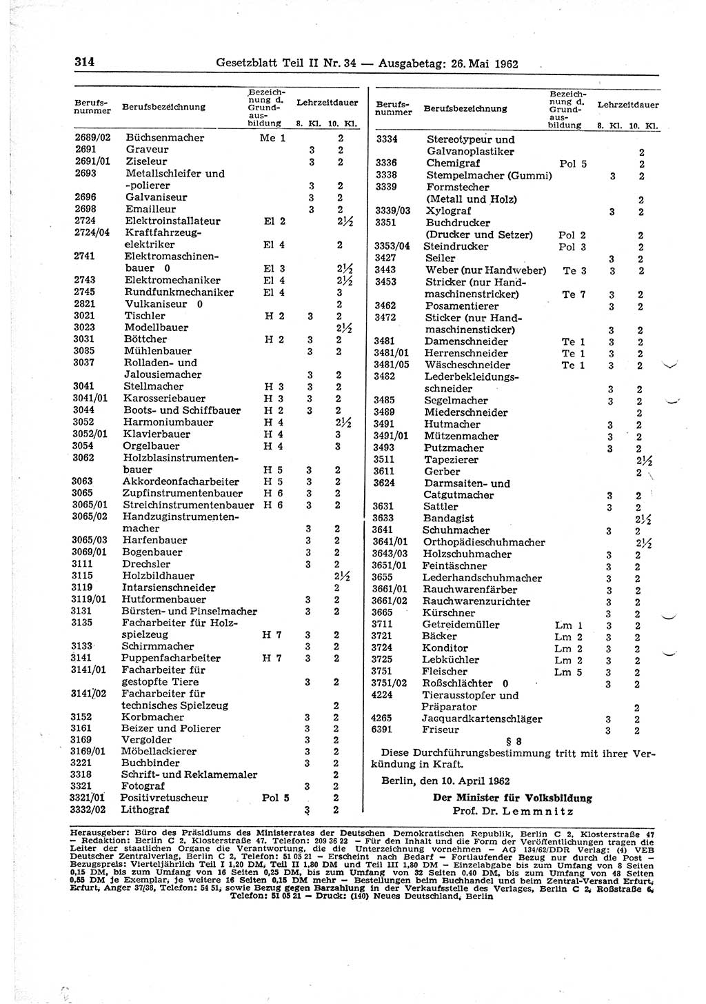 Gesetzblatt (GBl.) der Deutschen Demokratischen Republik (DDR) Teil ⅠⅠ 1962, Seite 314 (GBl. DDR ⅠⅠ 1962, S. 314)