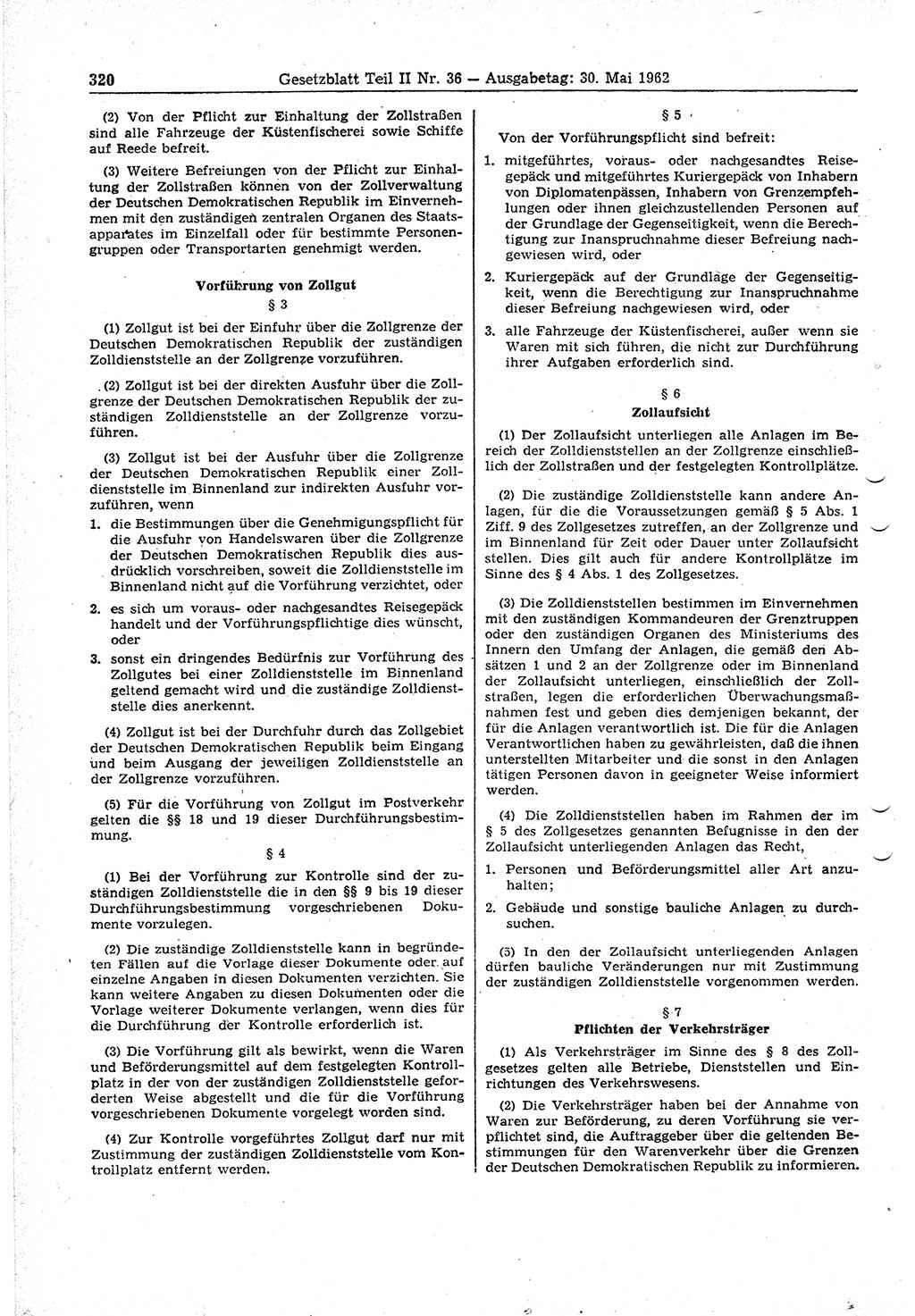 Gesetzblatt (GBl.) der Deutschen Demokratischen Republik (DDR) Teil ⅠⅠ 1962, Seite 320 (GBl. DDR ⅠⅠ 1962, S. 320)