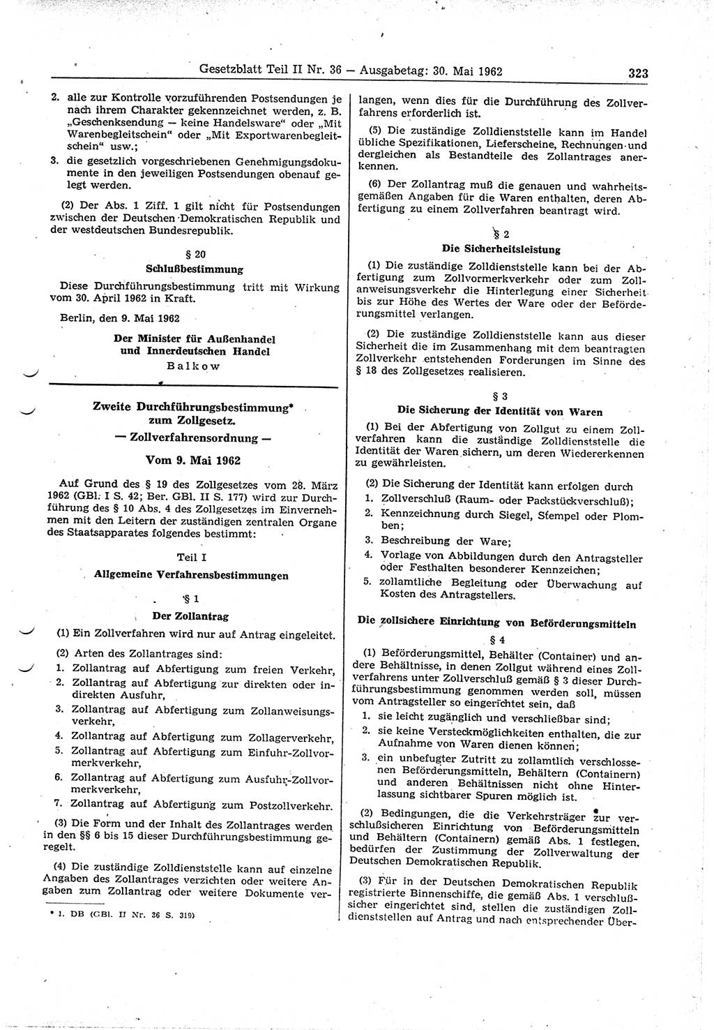 Gesetzblatt (GBl.) der Deutschen Demokratischen Republik (DDR) Teil ⅠⅠ 1962, Seite 323 (GBl. DDR ⅠⅠ 1962, S. 323)