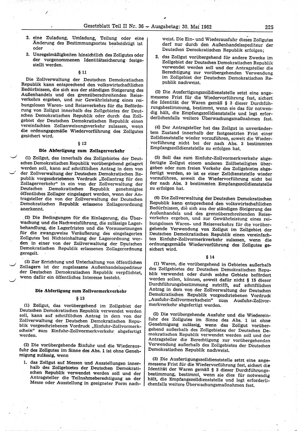 Gesetzblatt (GBl.) der Deutschen Demokratischen Republik (DDR) Teil ⅠⅠ 1962, Seite 325 (GBl. DDR ⅠⅠ 1962, S. 325)